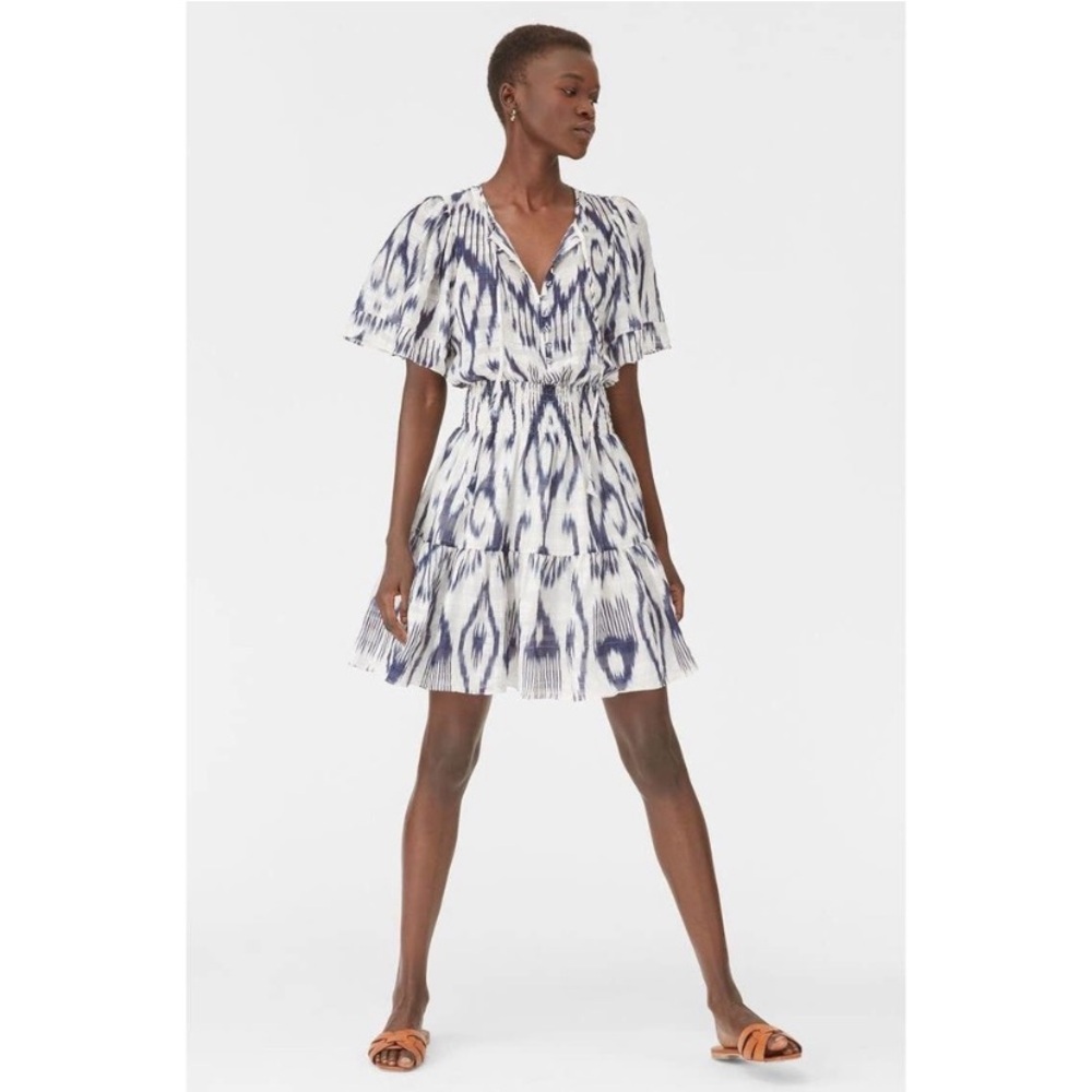REBECCA TAYLOR silk Ikat blue white smocked button front short sleeve mini dress